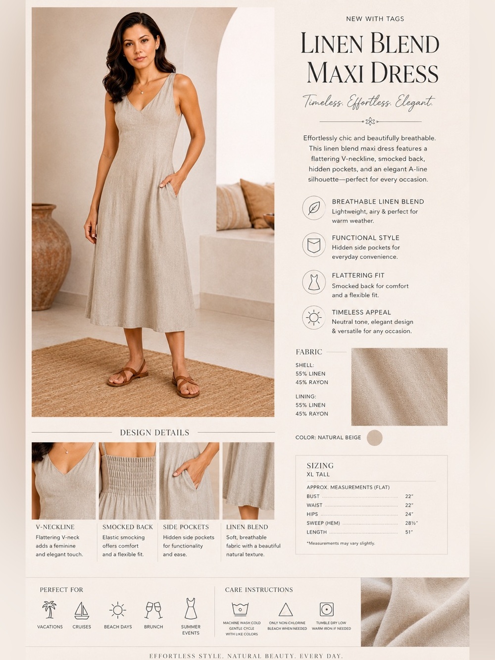 🆕 XL Tall - 🤎Old Navy Linen-Blend Maxi Dress in Natural Beige